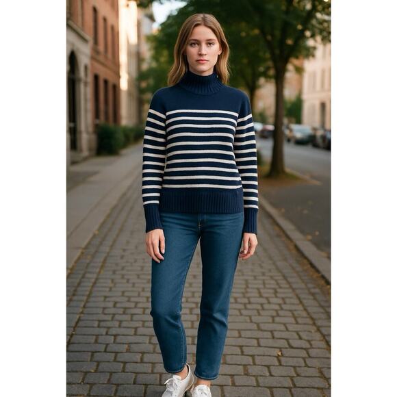 J.Crew Turtleneck Sweater Women Large Navy Stripe Cotton Chunky Knit Coastal - Picture 16 of 16